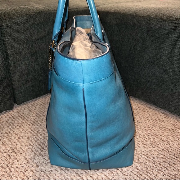 COACH BLEEKER TEAL BLUE LEATHER LARGE WEEKENDER TOTE BAG EUC - Picture 2 of 8